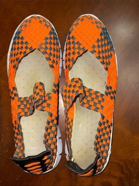 SO Orange and Black Woven Slip Ons
